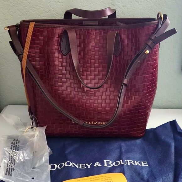 New! Dooney & Bourke Burgundy Woven Leather Tote - Picture 1 of 9